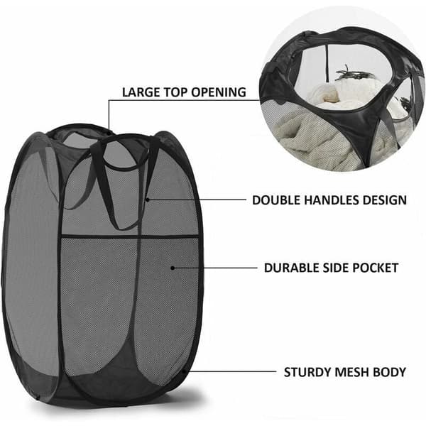 Pop-up Mesh Laundry Hamper with Durable Handles - Portable Foldable Laundry Baskets for Dorms, Bathrooms, and Travel (Black)