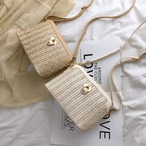 Håndtaske, dame sommer stråvævet crossbody