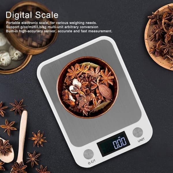 Portable Digital Kitchen Scale in Stainless Steel, 5kg/1g Precision, White - Perfect for Baking & Cooking