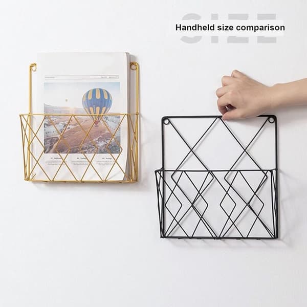 Black Metal Wall Mounted Magazine Holder with 2 Hooks for Books, Documents Office Supplies
