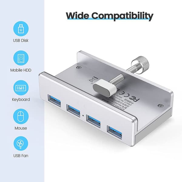 USB 3.0 Hub Clamp Adapter, 4 Port Aluminium USB Splitter med