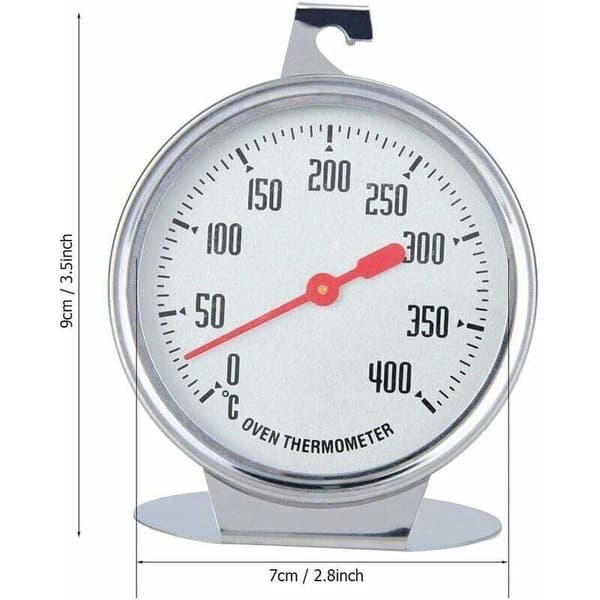 Direct-reading oven thermometer with stainless steel probe and hook - 7 x 9 cm, compatible with grilling and baking