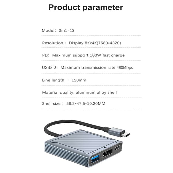 8K 60Hz DP 3-i-1 Hubadapter USB C til Displayport
