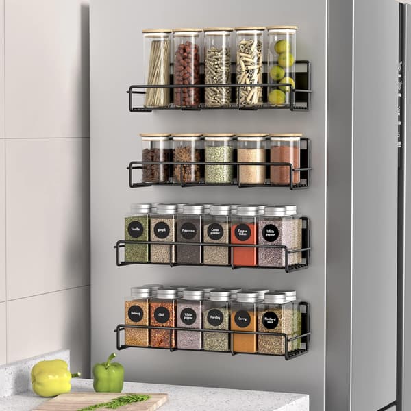 4-pack Magnetic Spice Rack Organizer for Refrigerator and Microwave, Metal Refrigerator Shelf for Kitchen, Black