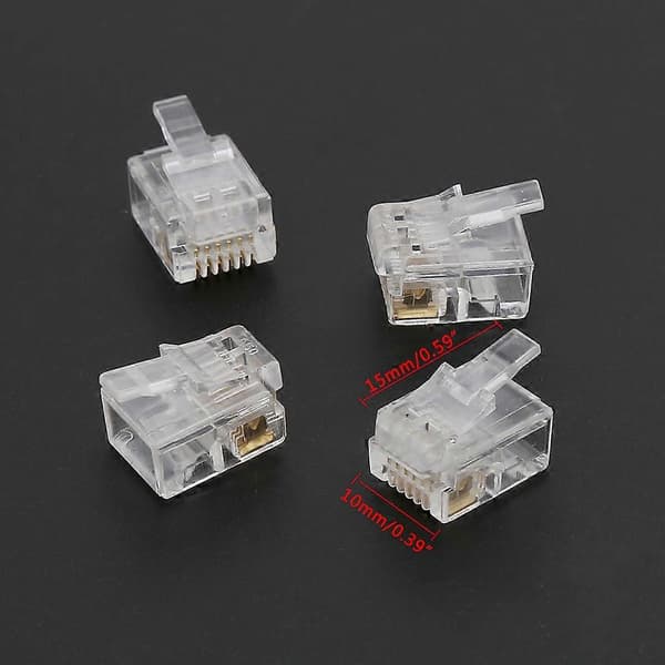 100 stk RJ12 6P6C Modulær Kabelhode Telefonkontakter Krystallkontakter