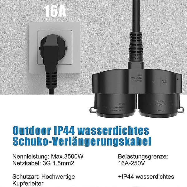 Double Socket Plug, Extension Cable with 2 Schuko Sockets, Outdoor Power Strip, 16 A / 250 V, EU Plug Black Black