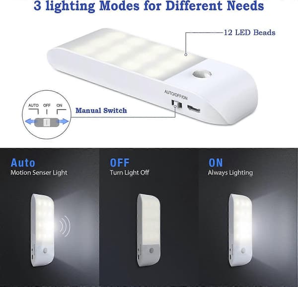Automatic LED Night Light [2 Pieces], 12 LED USB Rechargeable, with Motion Sensor Magnetic Strip, 3 Modes (Auto/On/Off) [DB]