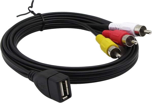 /#/USB–3 RCA-kaapeli, USB 2.0 naaras A-tyyppi 3 RCA-uros, komposiitti/#/