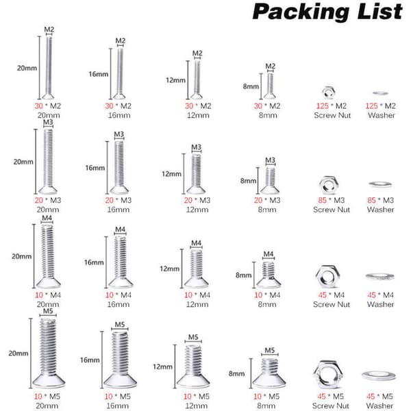 304 Stainless Steel Bolt Nut Washer Combo Kit 880pcs M2 M3 M4 M5 Hex Socket Countersunk Screws