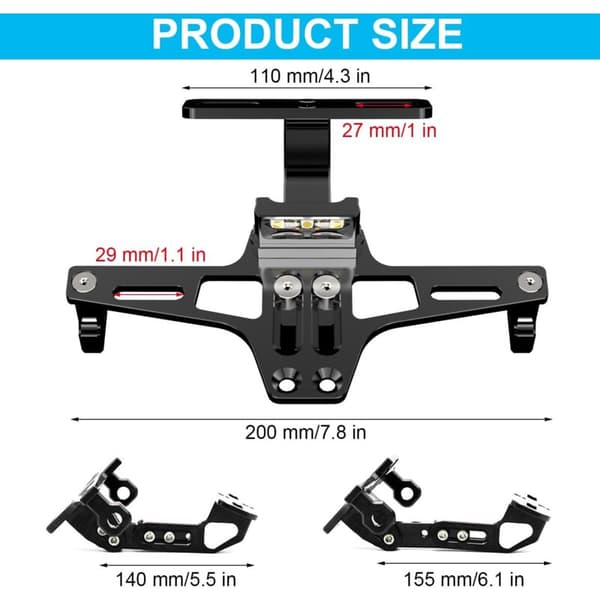 Universal Motorcycle License Plate Holder with Adjustable Bracket and Light