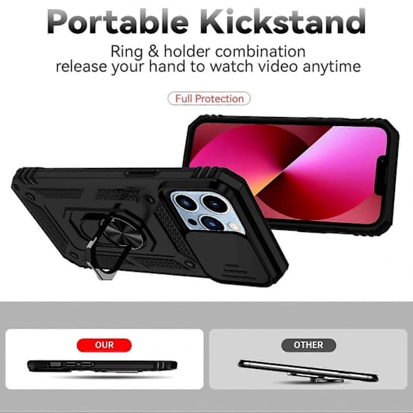 Etui med skyvbar kameralinsebeskyttelse og holder for iPhone 14 Pro Max