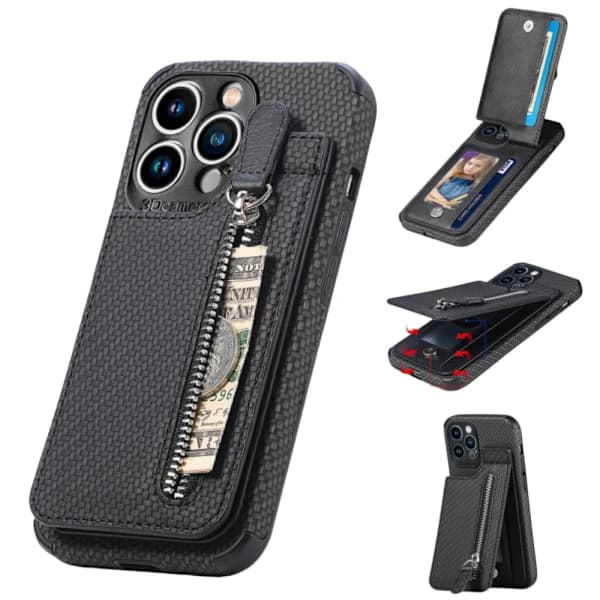 Læder Kortholder Magnetisk Pung Mobilcover iPhone 14 / 14 Pro / 14 Pro Max, iPhone 13 / 13 Pro / 13 Pro Max, iPhone 12 / 12 Pro / 12 Pro Max sort