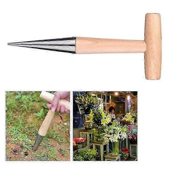Garden Hole Puncher with Wooden Handle Comfortable Hole Digger Garden Tool for Sowing