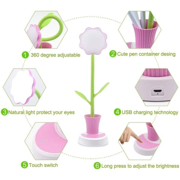 LED Desk Lamp for Kids with Touch Sensor, Dimmable Bedside Reading Lamp with Pen Holder, USB Rechargeable Table Lamp (Pink)
