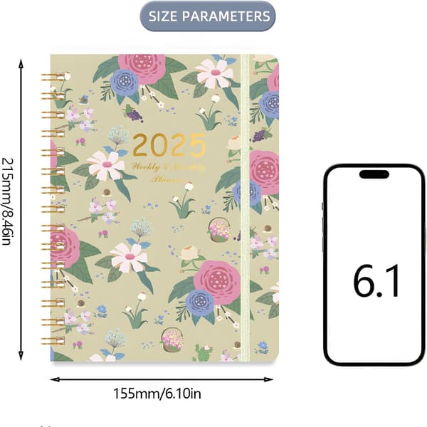 2025 Ugentlig og Månedlig Planlægger A5 Størrelse Blomsterdesign Med Kalender og Organizer