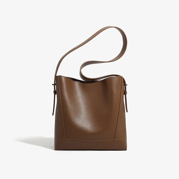 Brown Soft Smooth Leather Shoulder Bag with Large Capacity for Daily Commute, Shopping, and Leisure Use with Adjustable Side Drawstrings