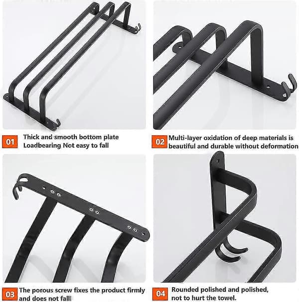 Waterproof Black Towel Rack - 3-Tier Wall Mounted With Hooks - 30cm