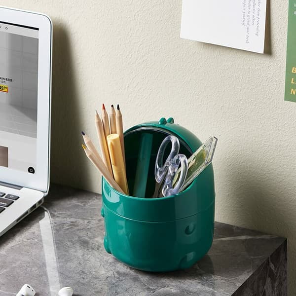 Mini Desktop Trash Can with Lid for Bathroom Kitchen Office Cartoon Style Portable Green