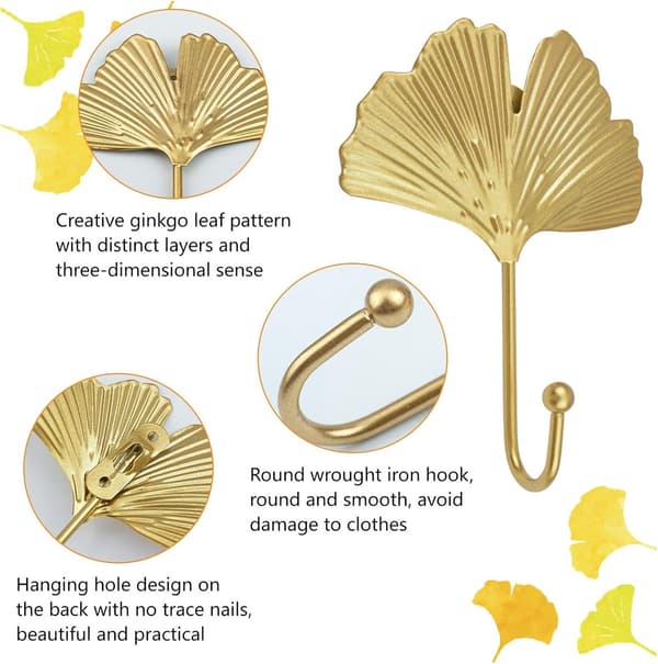 4 Hooks Decorative Leaf-Shaped Iron Hooks Ginkgo Leaf Wall Hooks Key Hooks Simple Coat Hook for Entryway Bathroom Gold