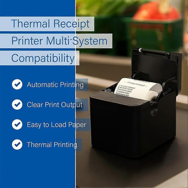 Termisk kvitteringsprinter, høj hastighed 90 mm/s, USB/BT-forbindelse, ESC/POS-kompatibel, til //IOS/Android EU-stik