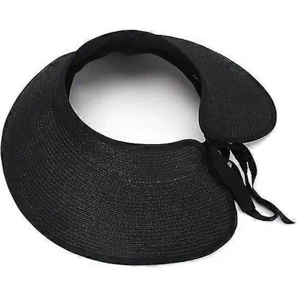 Store Strand Solhatte i Halm til Kvinder, Foldbar Hat med Bred Skygge til Damer, Visir Kasket Spandhat med Roset Sort