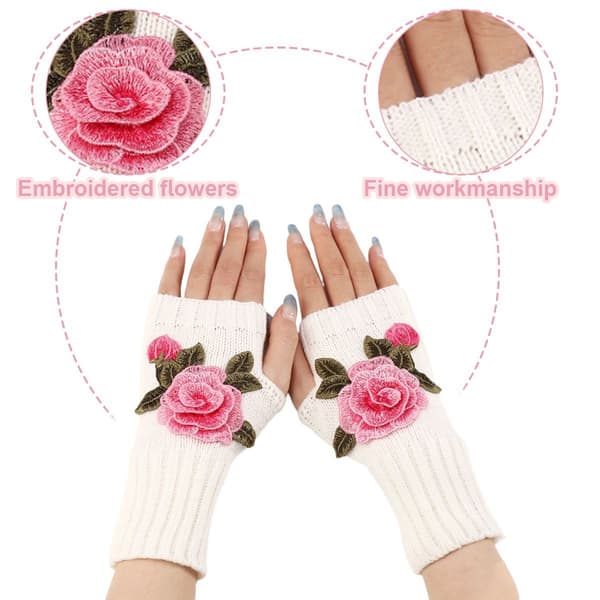 Vinterhansker uten fingre, halvfingerhansker, hvite + rosa blomst KLB