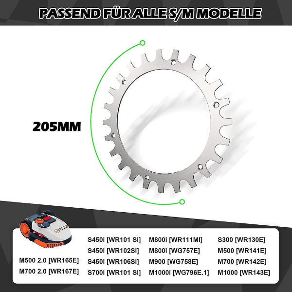2 x premium rustfrie pigger for Worx S/m-modell, 2 x rustfrie skrupigger Traction Enhancer, robotgressklipper Hjulstørrelse 205 mm