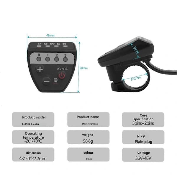 Elcykel 36V48V LED G20 Målerkontrolpanel Display til Ebike 5 Pin Vandtæt Stik Sort
