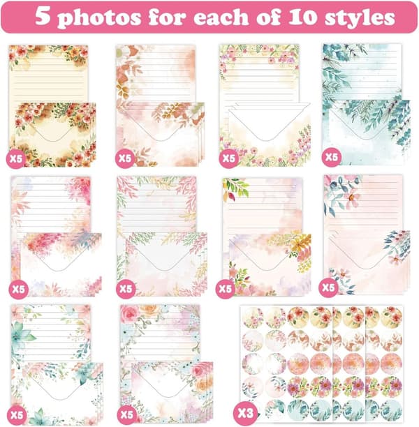Stationery Set 160 Sheets 10 Designs 50 Writing Papers 50 Envelopes 60 Dotted Stickers 14x21 cm Floral Pattern