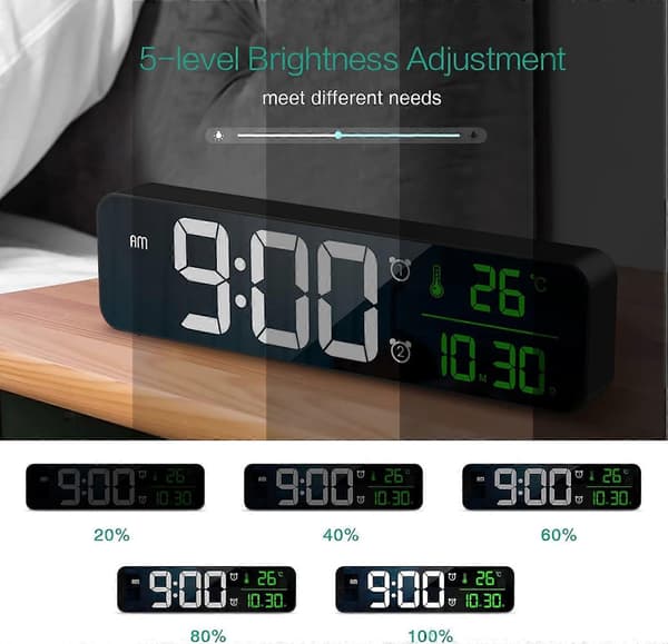 Large Digital Alarm Clock with Display, LED Bedside Clock, Electric Desk Clocks with Mirror, with Date, Time and Temperature Display