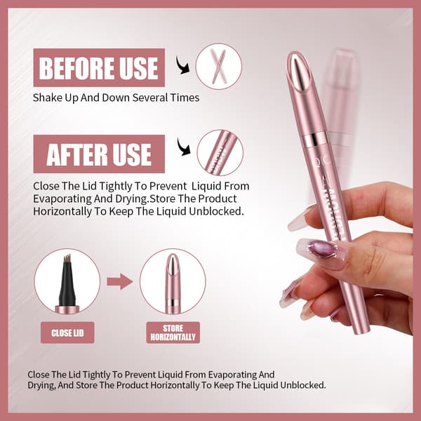 QIC Rose Gold 4-Tip Eyebrow Pen - Waterproof, Smooth, Smudge-Proof Liquid Pen for Natural, Feather-like Brows.