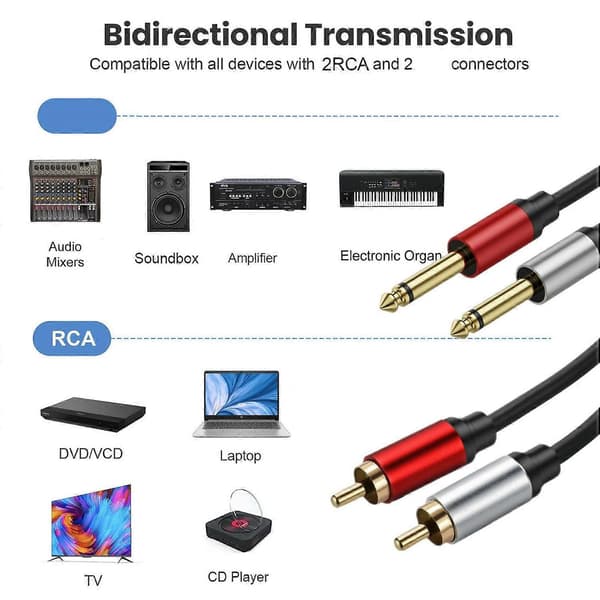 5m Dobbelt 1/4 tomme TS til Dobbelt RCA Stereo Lydkabel 2x 6,35mm TS til RCA Han Adapter Kabel