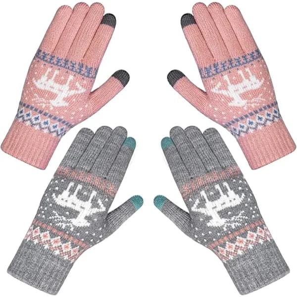 1 par vinter touch screen handsker til kvinder, varme strikkede termohandsker, tykt plysfor, håndledshandsker med touchskærm, grå/pink