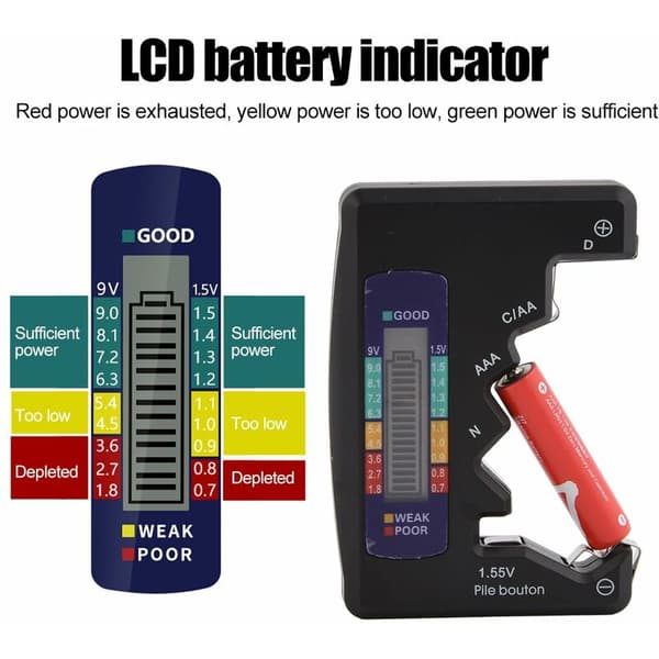 Mini Batteritester LCD-skærm til D CN 5 7 N LR44 9V 6F22 Batterier Sort Kompatibel med Flere Mærker