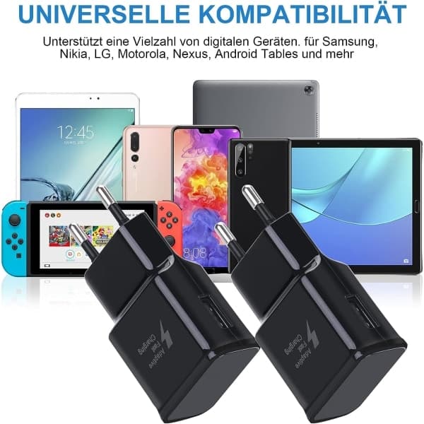 Black Compatible Charger 2-Pack Fast USB Charging Adapter for Samsung S22/S21/S20/S10/S10E/S6/S7/S8/S9/Edge/Plus/Active/A72/A53 5G, Note 5 8, Note 9,