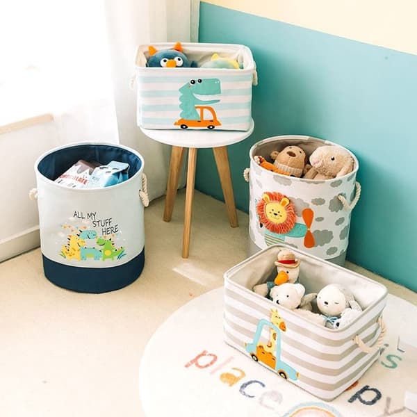 Dinosaur Toy Storage Basket with Drawstring Closure and Handles, Foldable Cotton Linen Laundry Hamper for Nursery, Blue 35x40 cm