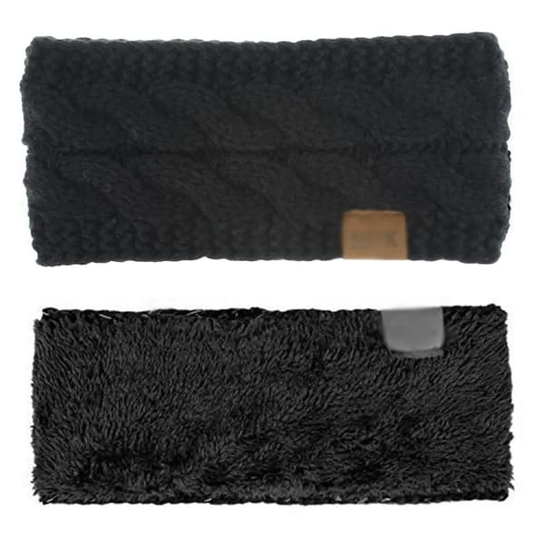 Women's Winter Fluffy Fleece Lined Thick Cable Knit Headband Earmuff Black+Beige
