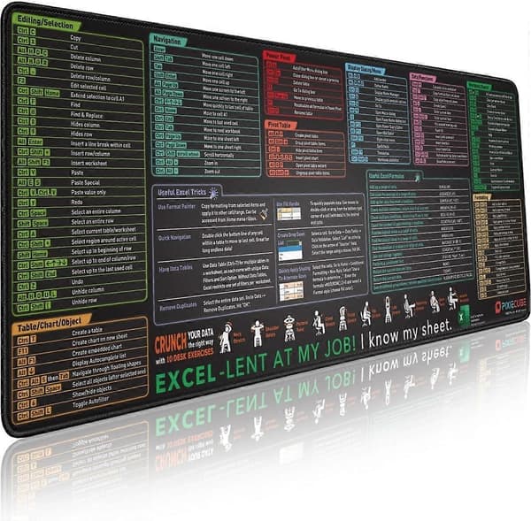 Excel Genveje Musemåtte - Forlænget Stor XL Cheat Sheet Gaming Musemåtte | PC Kontor Regneark Tastaturmåtte | Skridsikker Syet Kant