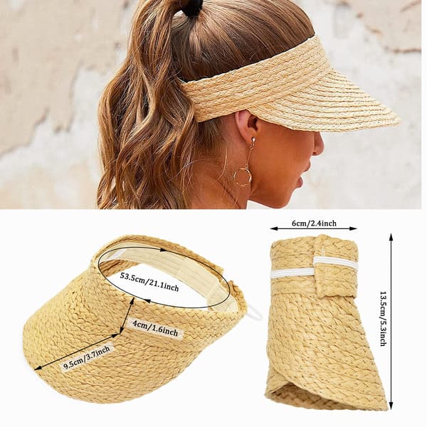Rollable Sun Hat for Women with Wide Brim, Straw Beach Visor, Khaki