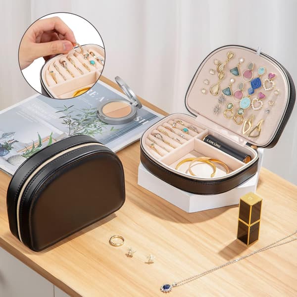 Portable Small Double-Layer Jewelry Box - Black, Lightweight PU Leather