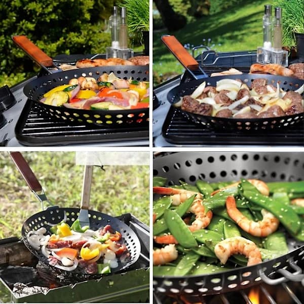 Non-stick metall grillpanne med sammenleggbart trehåndtak Perforert grillpanne Avtakbart H
