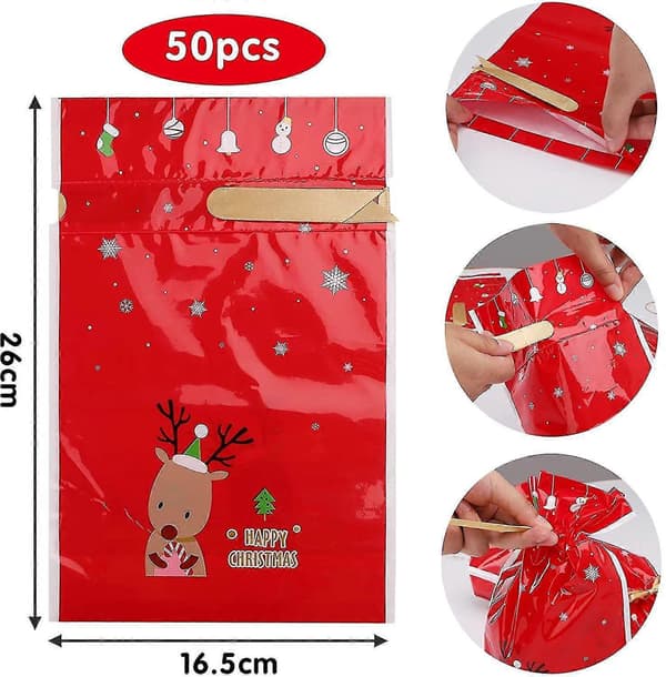 Julklappspåsar med dragsko, 50 st Röda Renar Julklappsförpackning