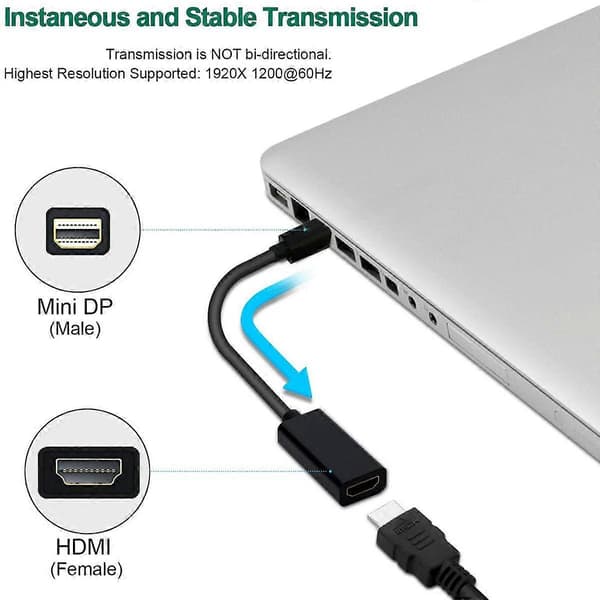 Mini DP til HDMI-omformer kompatibel med MacBook Air/Pro, Microsoft Surface Pro 3/4, Mac Mini, skjermer, projektorer, etc. - Svart