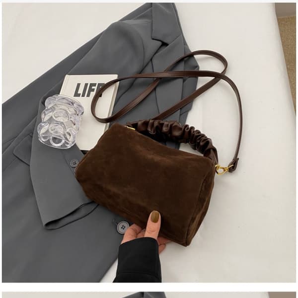 Coffee Brown Suede Small Square Women's Handbag with Pleated Chain