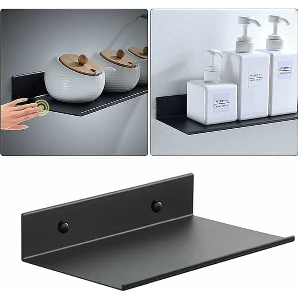 Metal Wall Shelves 20cm Black Floating Shelf 2 Pieces Wall Mounted Shower Shelf Rectangular with Holes and Screws
