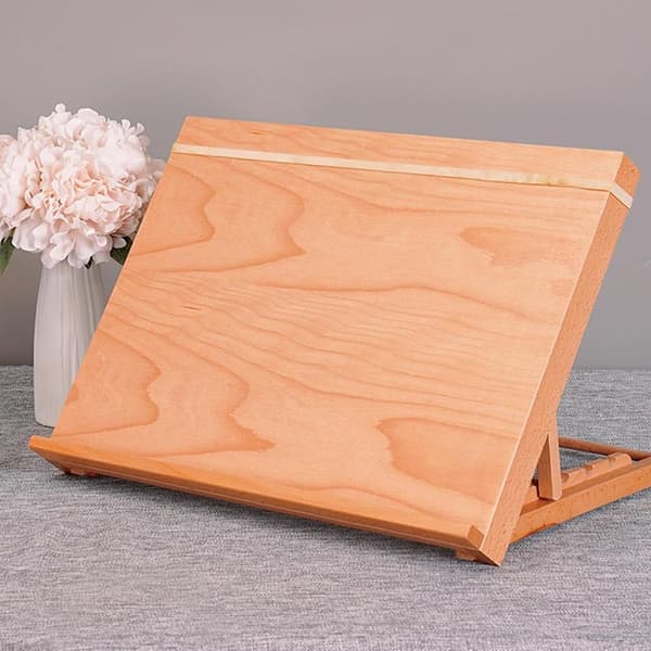 Portable Wooden Drawing Board, Desktop Easel with 4 Adjustable Angles, Foldable, Lightweight for Artists, Includes Sketchbook 30x22cm, Natural Wood