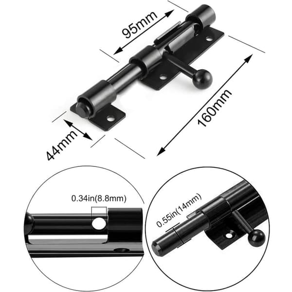 6 tommer (160 mm) skydedørslås, mat sort rustfrit stål, kompatibel med skydedøre