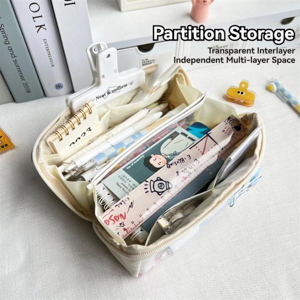 Multi-layer Pencil Case, Large Capacity, Capybara Print, Quirky, Fun, Cute (Beige-2) B B