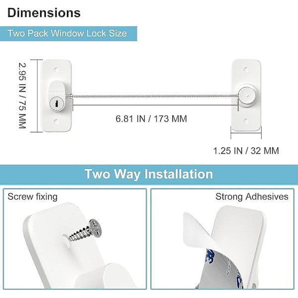 Window Lock 2-pack, Versatile Window Restrictor, Self-Adhesive for Drill-Free Window Lock, Refrigerator Lock with Key, Child Safety