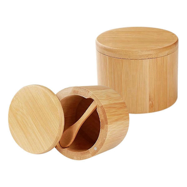 Bamboo Salt Cellar, 2 Pcs Salt Boxes with Built-in Spoon